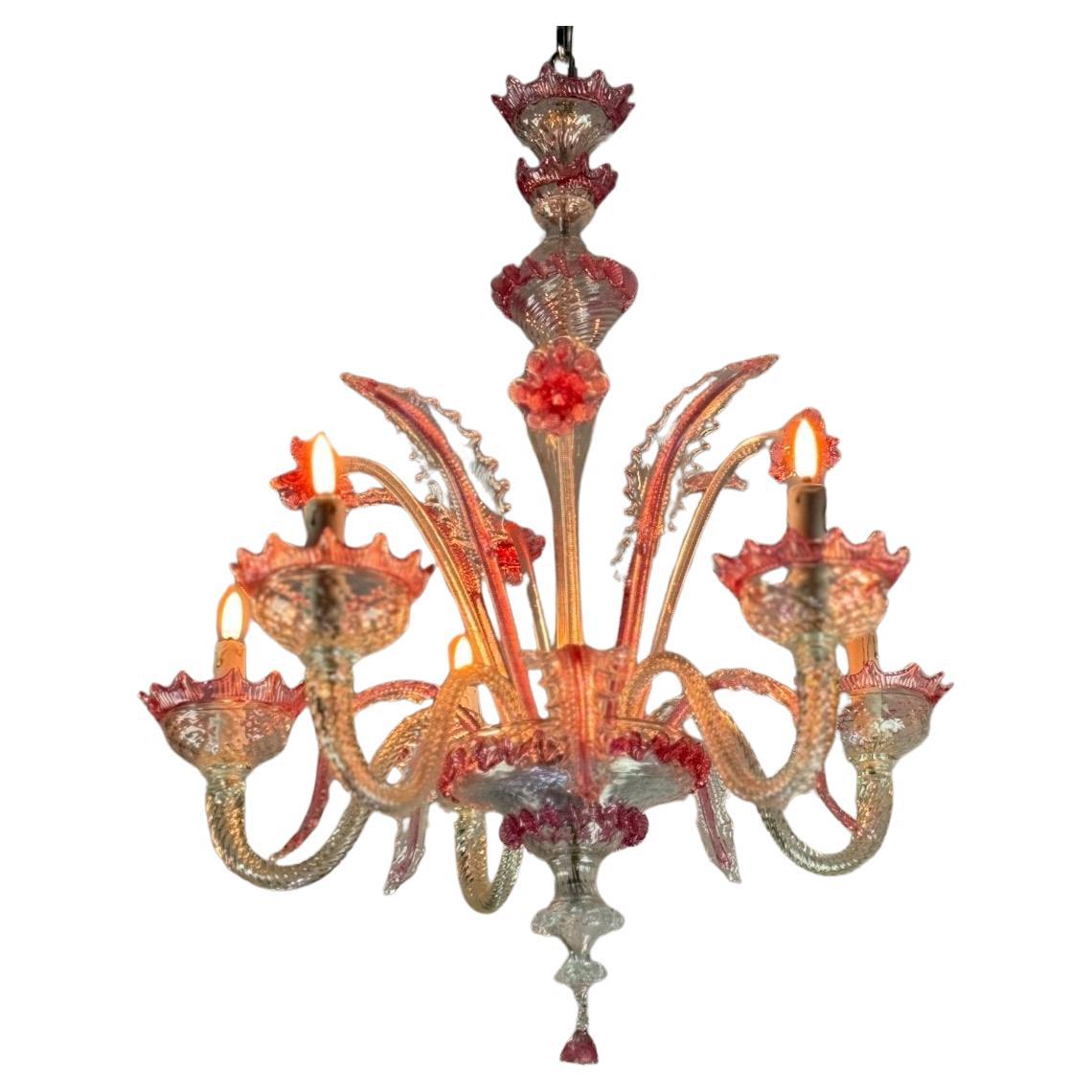 Venetian Chandelier In Colorless And Red Murano Glass 5 Arms Of Light For Sale