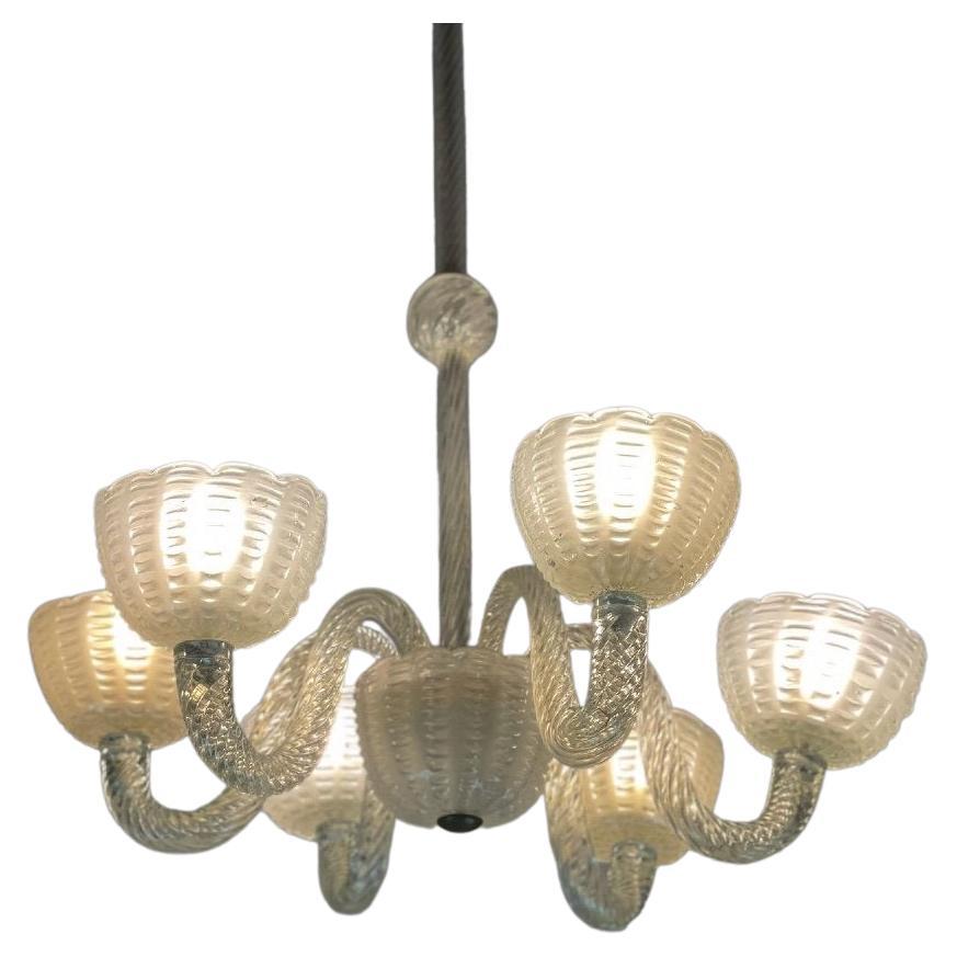 Venetian Chandelier in Colorless Blown Pressed and Molded Murano Glass, 1950 For Sale