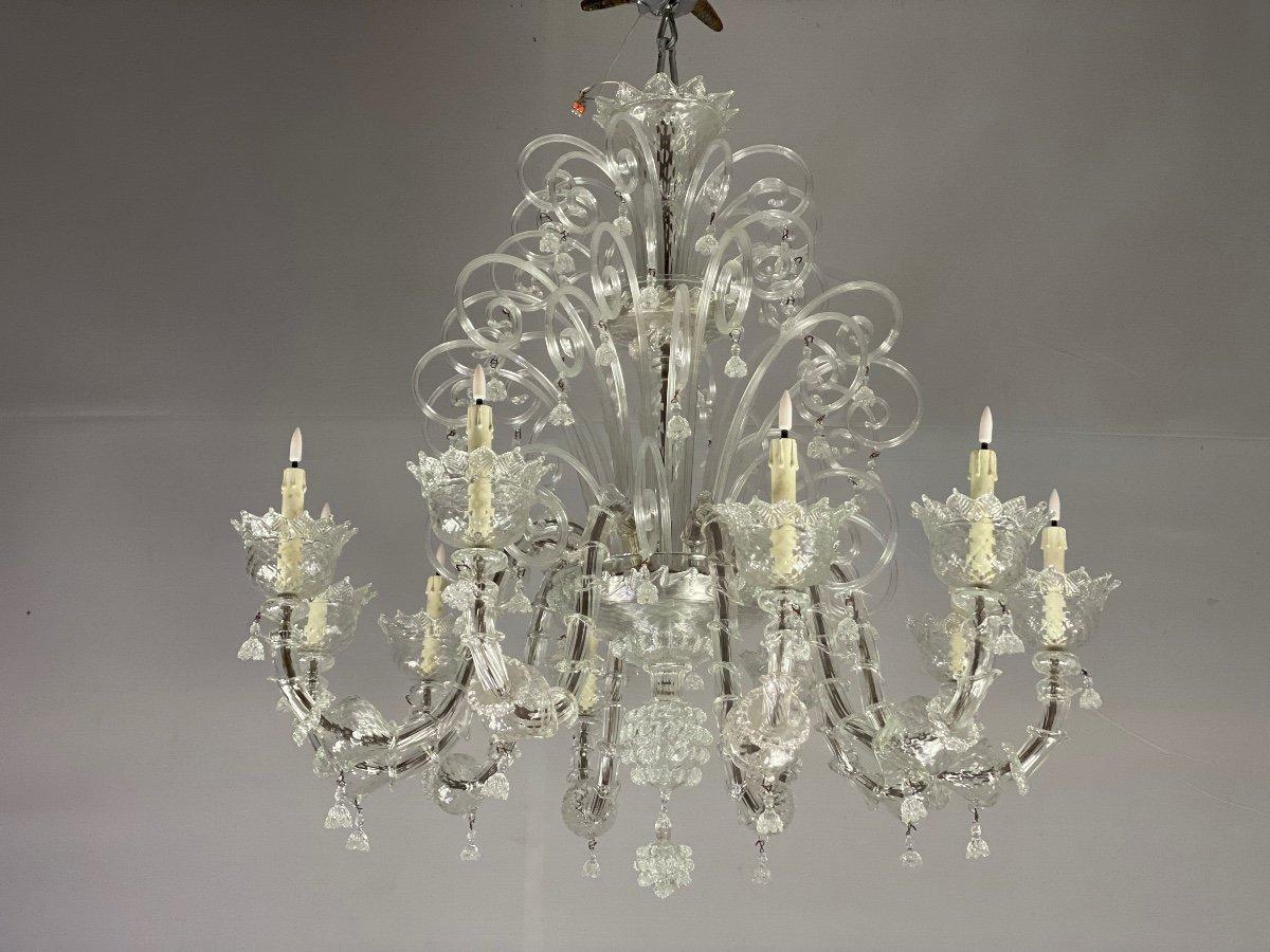Venetian Chandelier In Colorless Murano Glass, 10 Arms Of Light In Excellent Condition In Honnelles, WHT