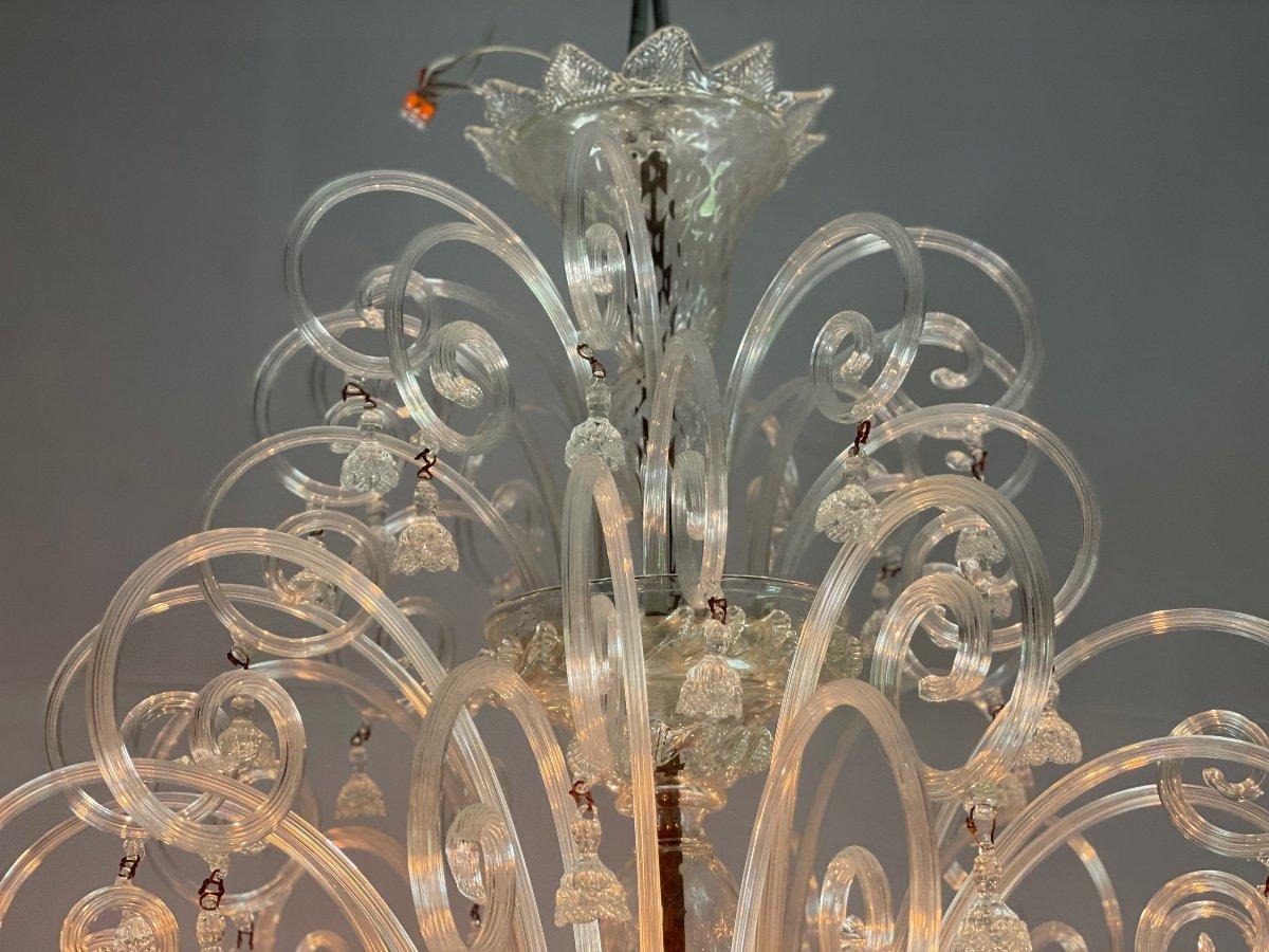 Metal Venetian Chandelier In Colorless Murano Glass, 10 Arms Of Light