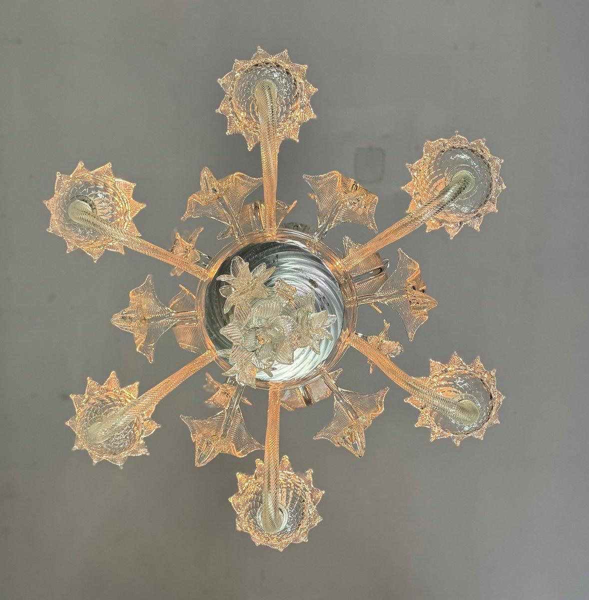 Lustre vénitien en verre de Murano incolore, 6 bras de lumière Circa 1950 en vente 3