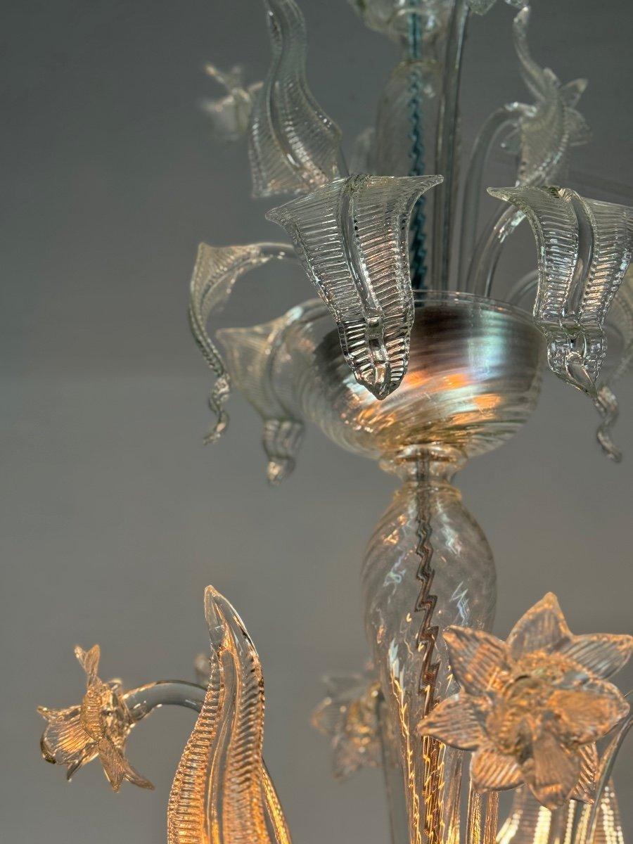 Art Deco Venetian Chandelier In Colorless Murano Glass, 6 Arms Of Light Circa 1950 For Sale