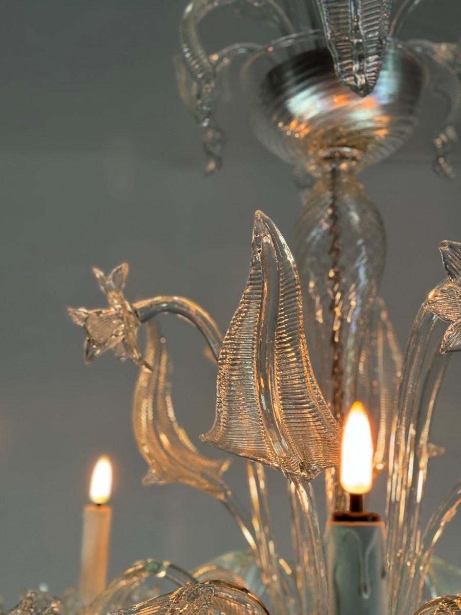 Italian Venetian Chandelier In Colorless Murano Glass, 6 Arms Of Light Circa 1950 For Sale