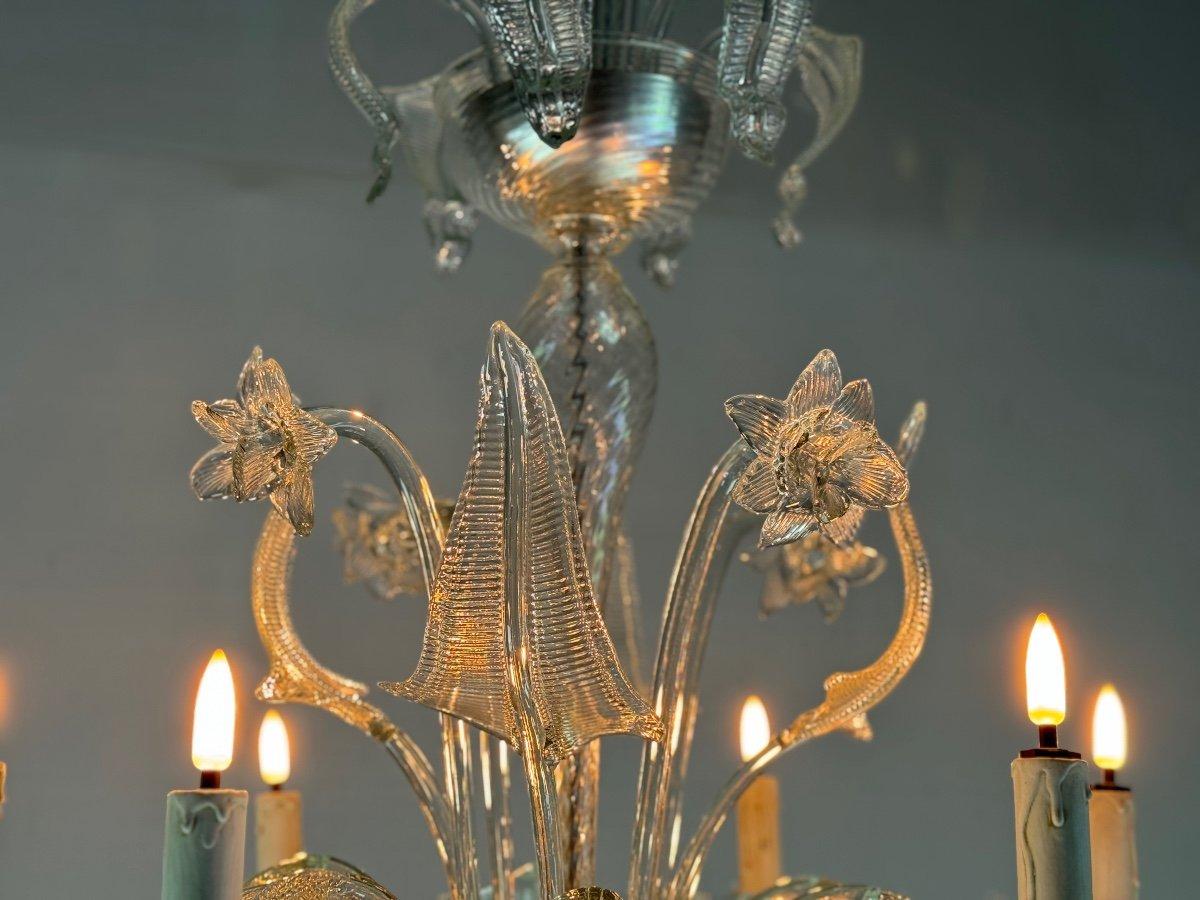 20ième siècle Lustre vénitien en verre de Murano incolore, 6 bras de lumière Circa 1950 en vente