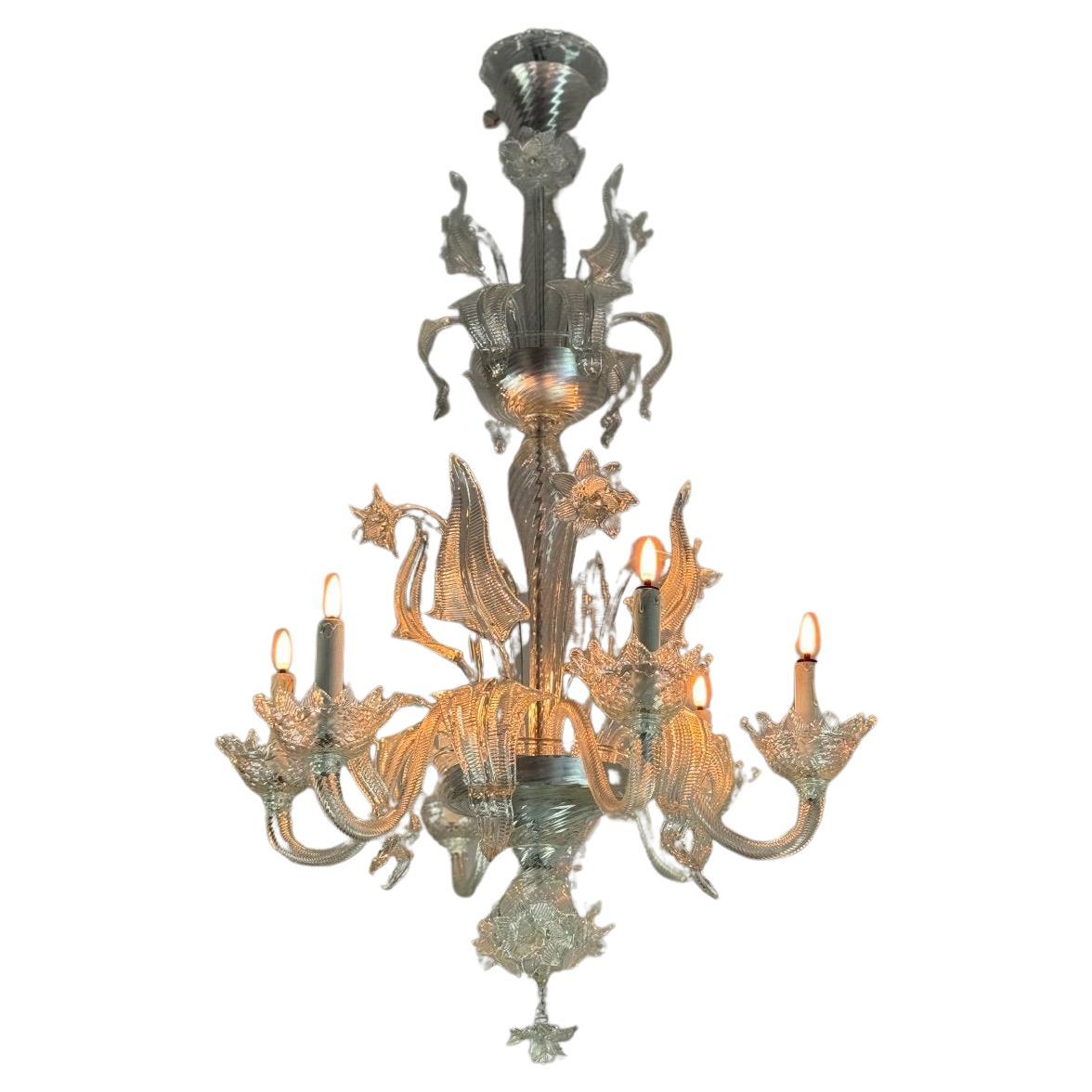 Venetian Chandelier In Colorless Murano Glass, 6 Arms Of Light Circa 1950
