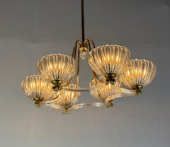 Venetian chandelier in colorless Murano glass and brass, around 1940