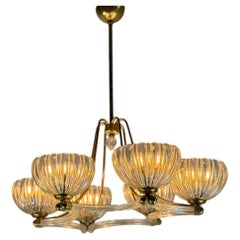 Venetian chandelier in colorless Murano glass and brass, around 1940