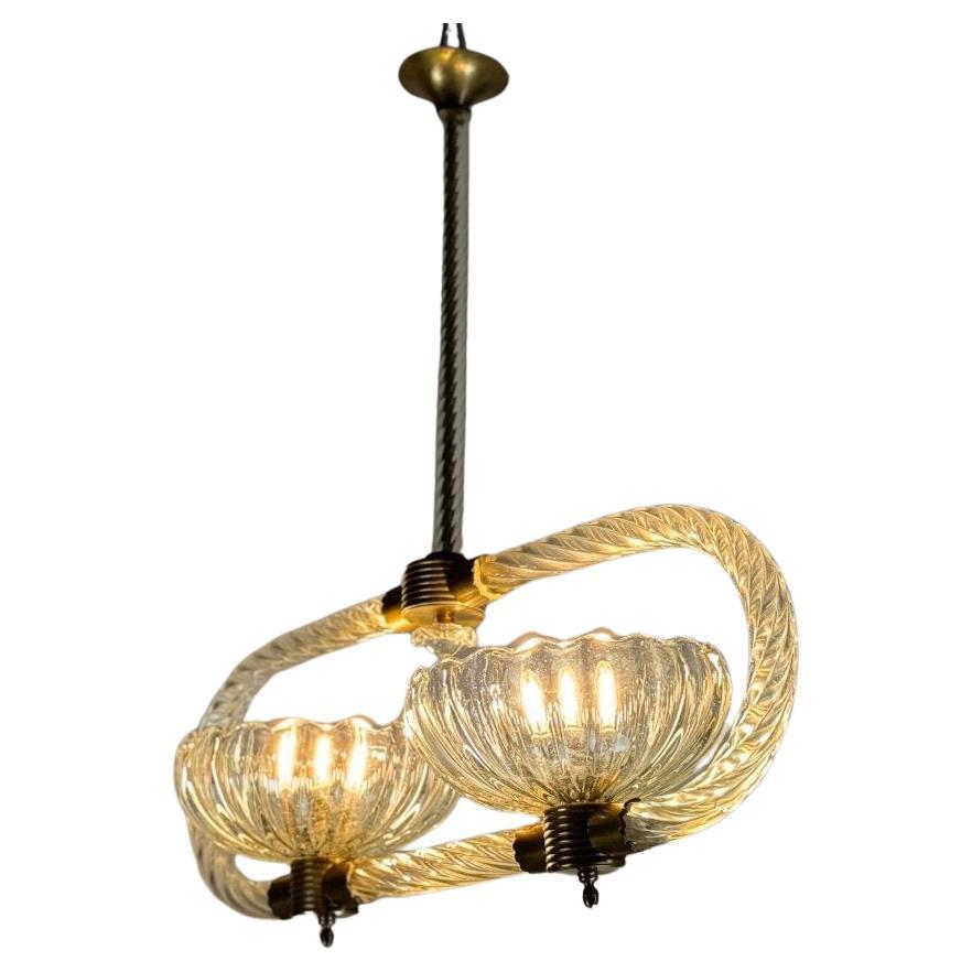 Venetian Chandelier In Colorless Murano Glass And Brass Circa 1950 For Sale