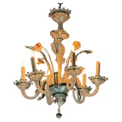 Venetian Chandelier In Colorless Murano Glass Highlighted With English Green