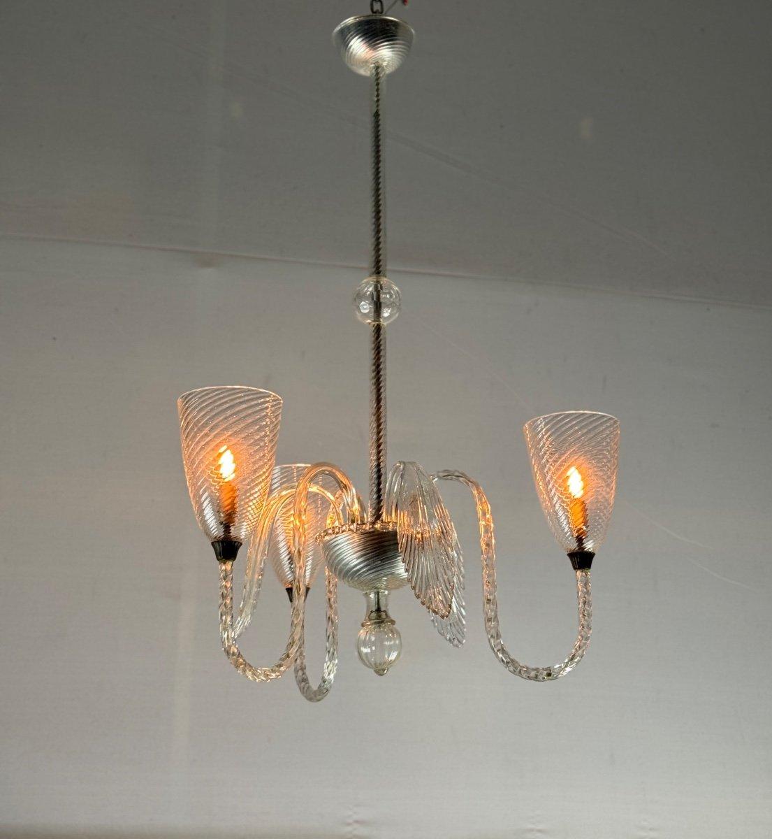 Venetian Chandelier In Colorless Murano Glass, Three Arms Of Light Circa 1950 For Sale 5
