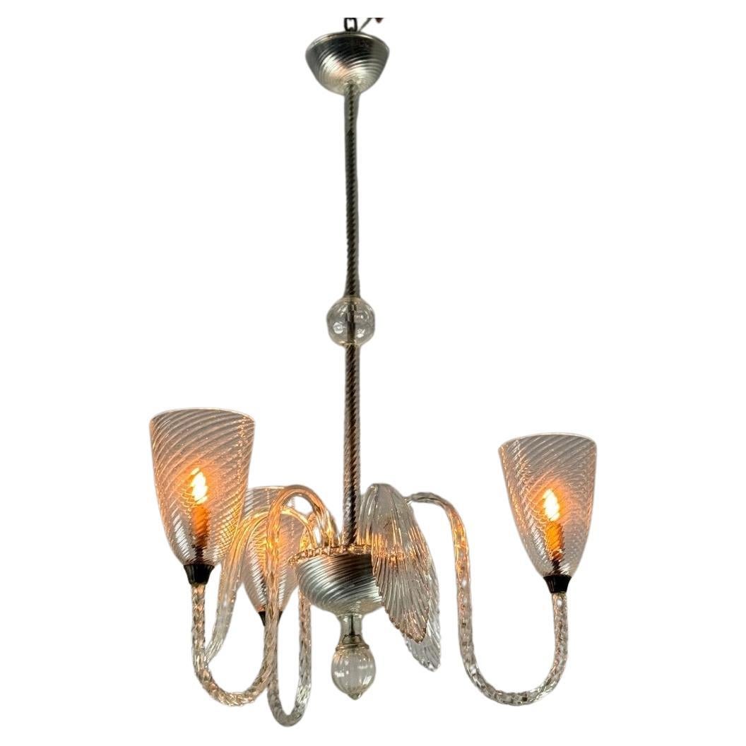 Venetian Chandelier In Colorless Murano Glass, Three Arms Of Light Circa 1950 For Sale