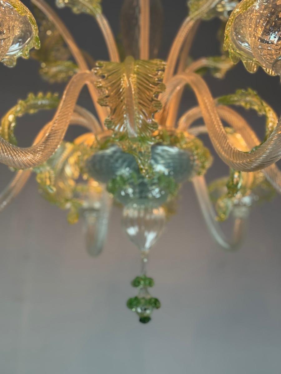 Lustre vénitien en verre de Murano incolore et vert, 6 bras de lumière Bon état - En vente à Honnelles, WHT
