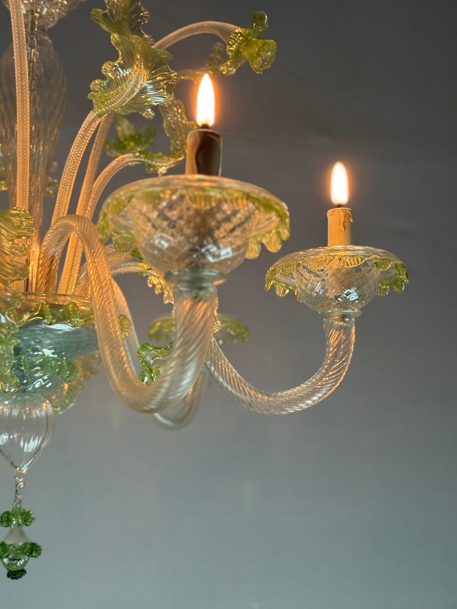 20ième siècle Lustre vénitien en verre de Murano incolore et vert, 6 bras de lumière en vente