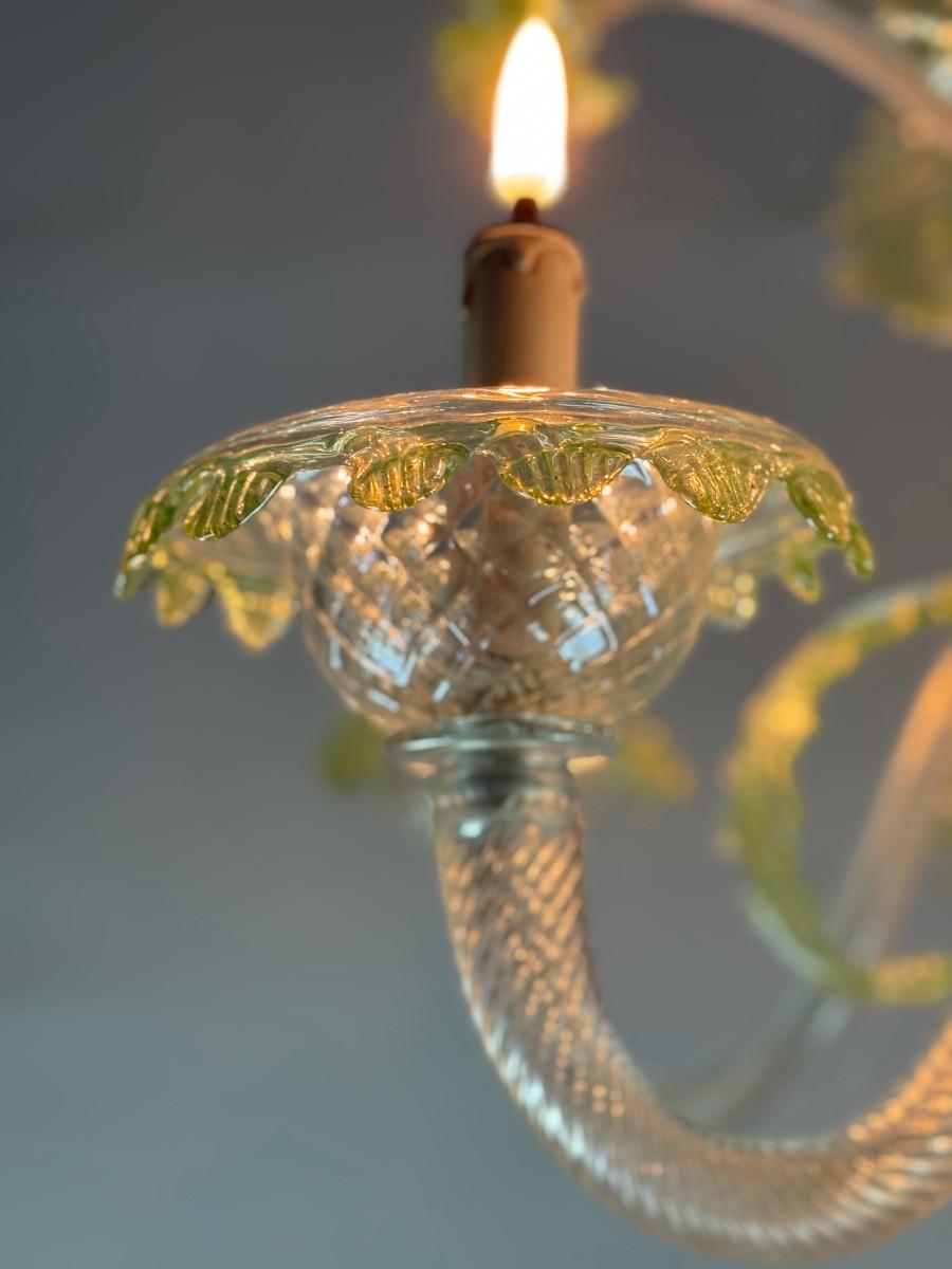 Lustre vénitien en verre de Murano incolore et vert, 6 bras de lumière en vente 2