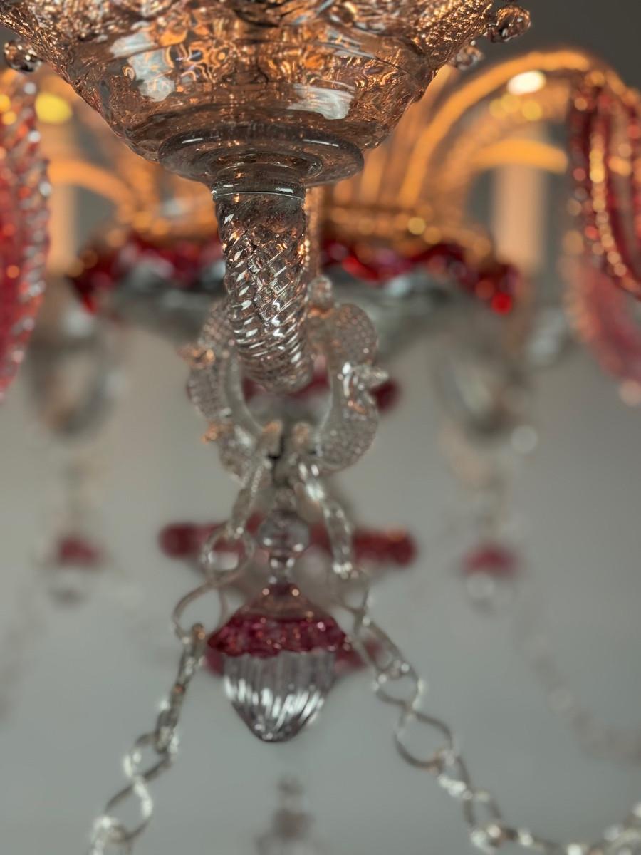 Art Deco Venetian chandelier in colourless and red Murano glass, 5 arms, circa 1880 For Sale