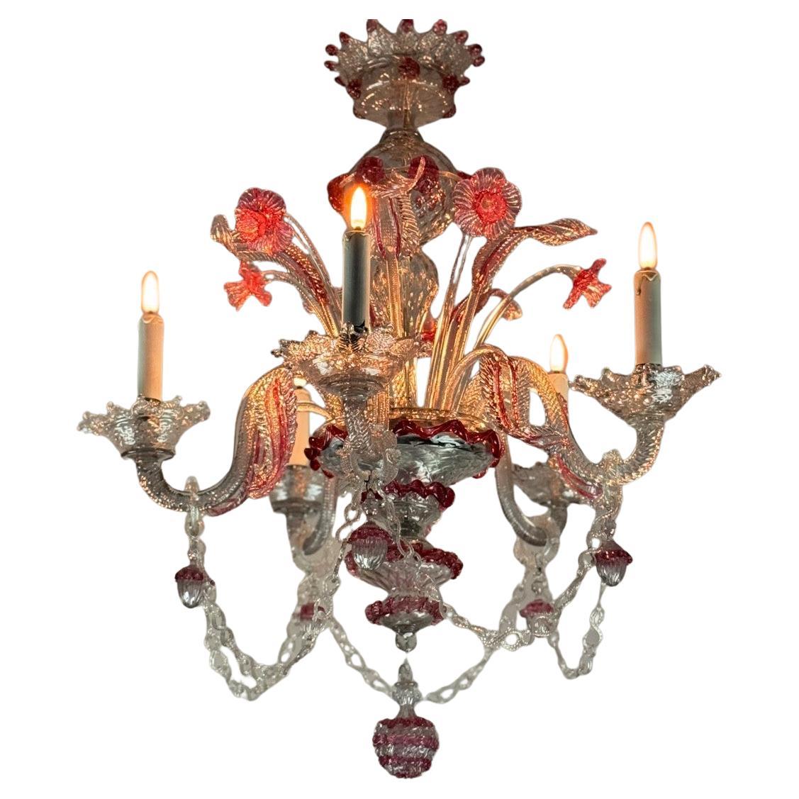 Venetian chandelier in colourless and red Murano glass, 5 arms, circa 1880
