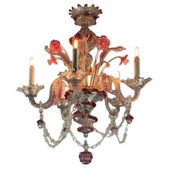 Venetian chandelier in colourless and red Murano glass, 5 arms, circa 1880