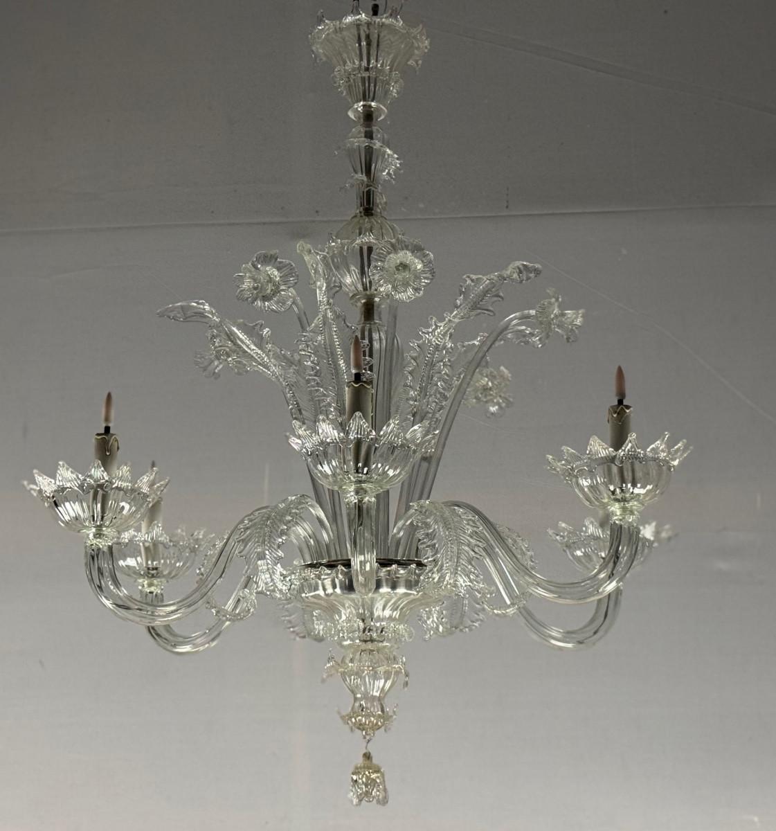 Venetian Chandelier In Colourless Murano Glass 6 Light Arms, Circa 1930 For Sale 4