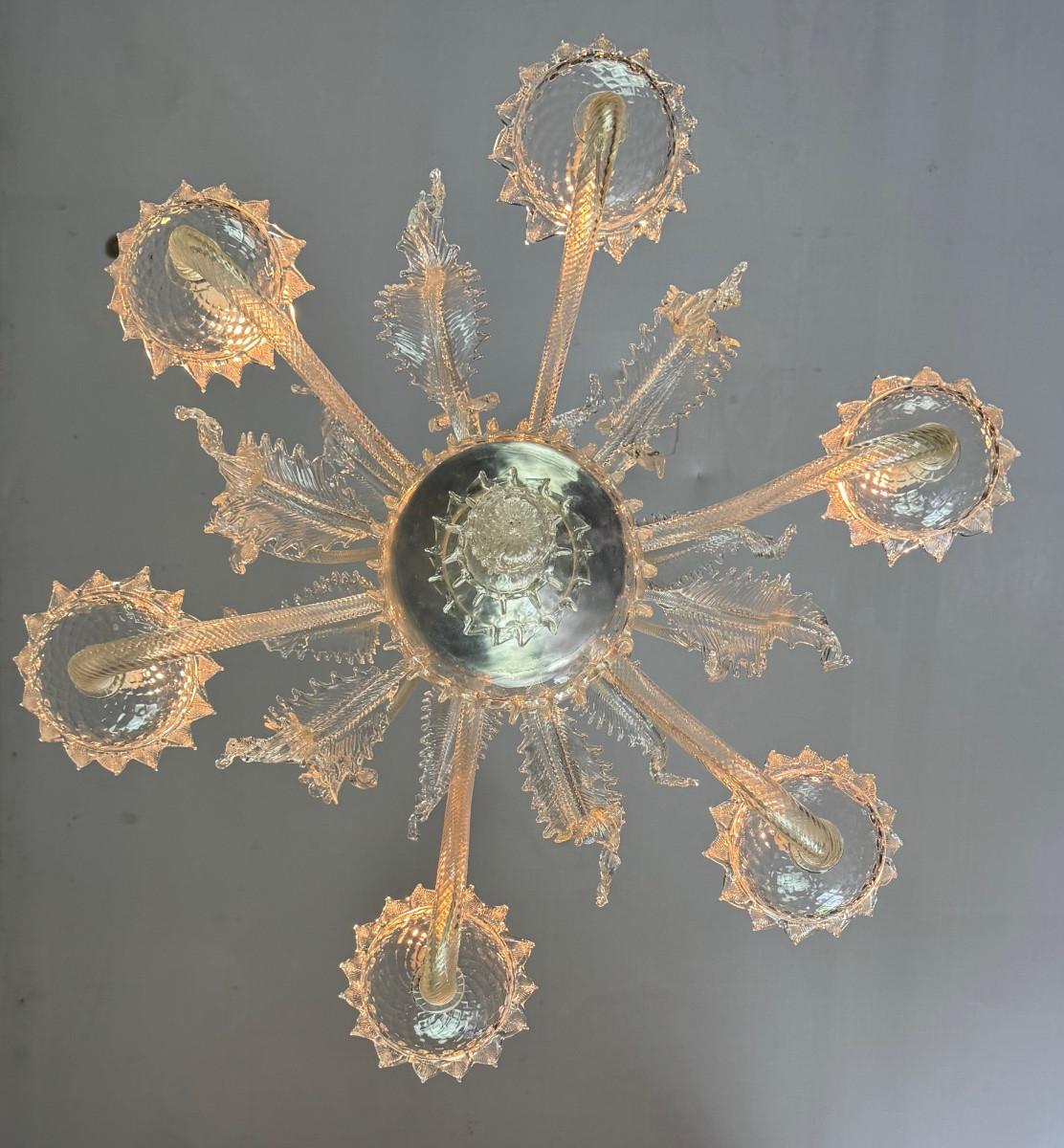 Lustre vénitien en verre de Murano incolore, 6 Lights Circa 1930 en vente 4