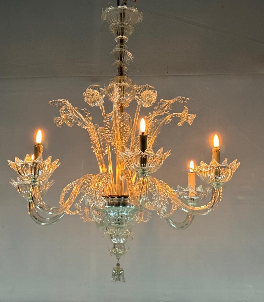 Venetian Chandelier In Colourless Murano Glass 6 Light Arms, Circa 1930 For Sale 5
