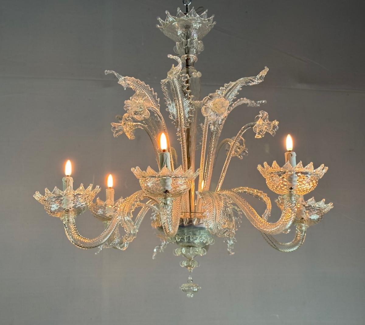 Lustre vénitien en verre de Murano incolore, 6 Lights Circa 1930 en vente 5