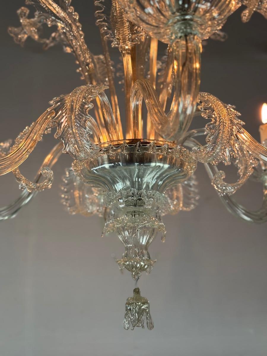 Louis XV Venetian Chandelier In Colourless Murano Glass 6 Light Arms, Circa 1930 For Sale