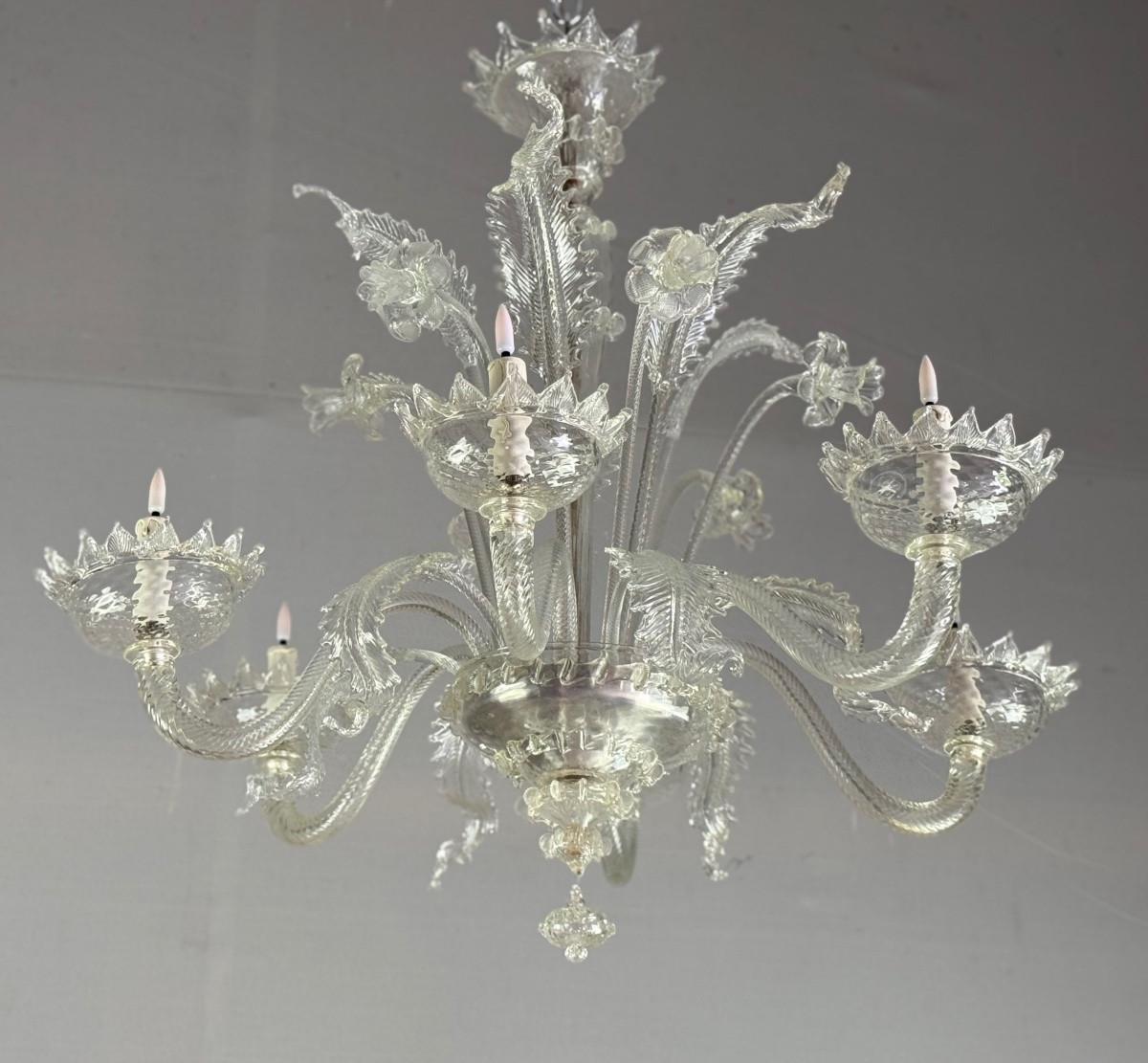 Louis XV Lustre vénitien en verre de Murano incolore, 6 Lights Circa 1930 en vente