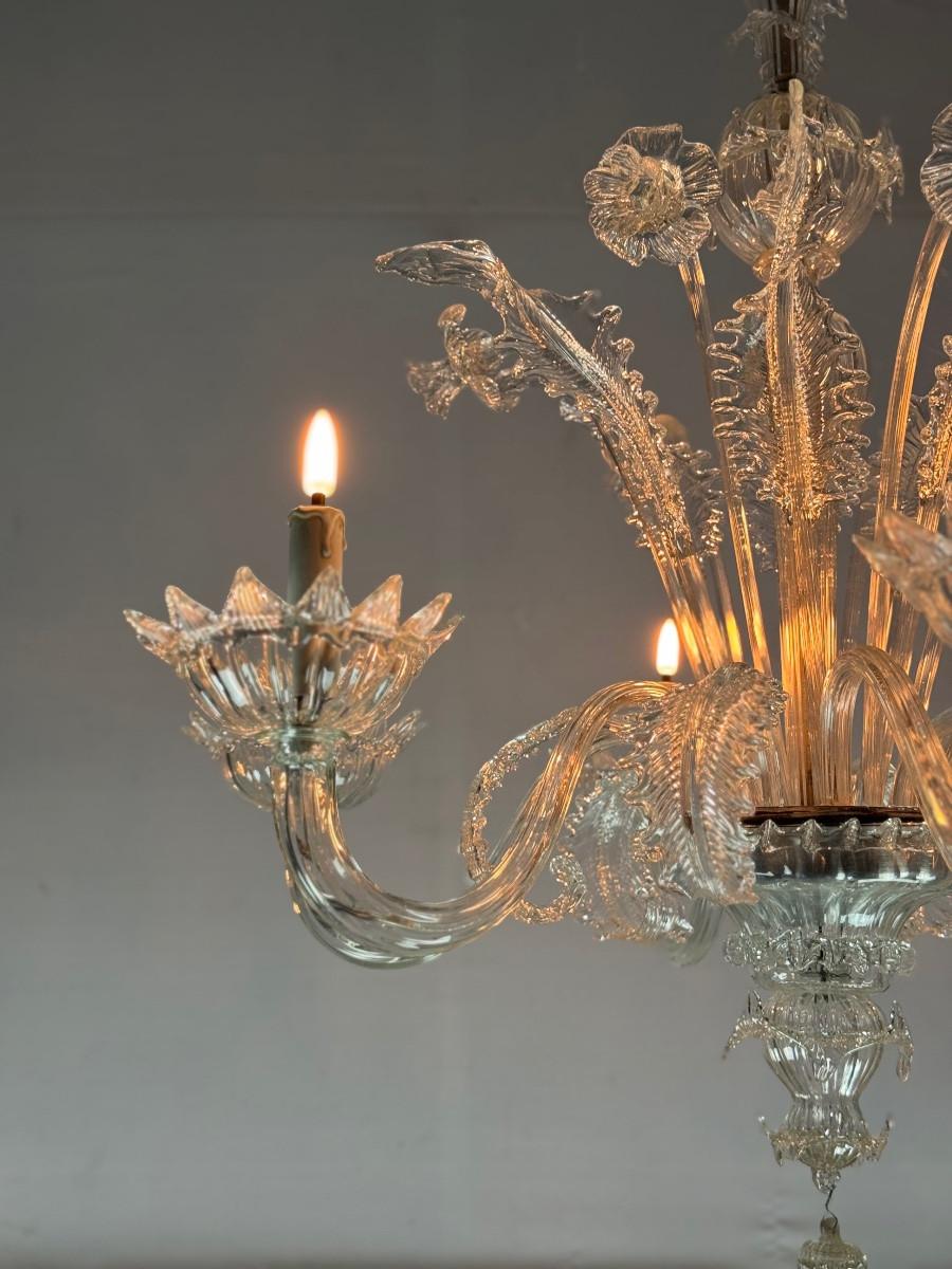 Italian Venetian Chandelier In Colourless Murano Glass 6 Light Arms, Circa 1930 For Sale