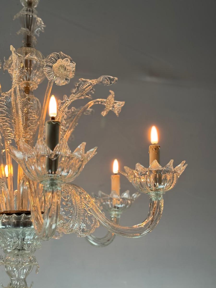 Venetian Chandelier In Colourless Murano Glass 6 Light Arms, Circa 1930 In Excellent Condition For Sale In Honnelles, WHT