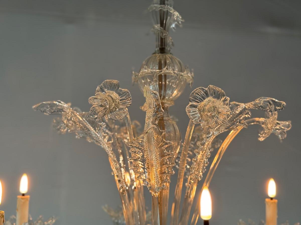 20th Century Venetian Chandelier In Colourless Murano Glass 6 Light Arms, Circa 1930 For Sale