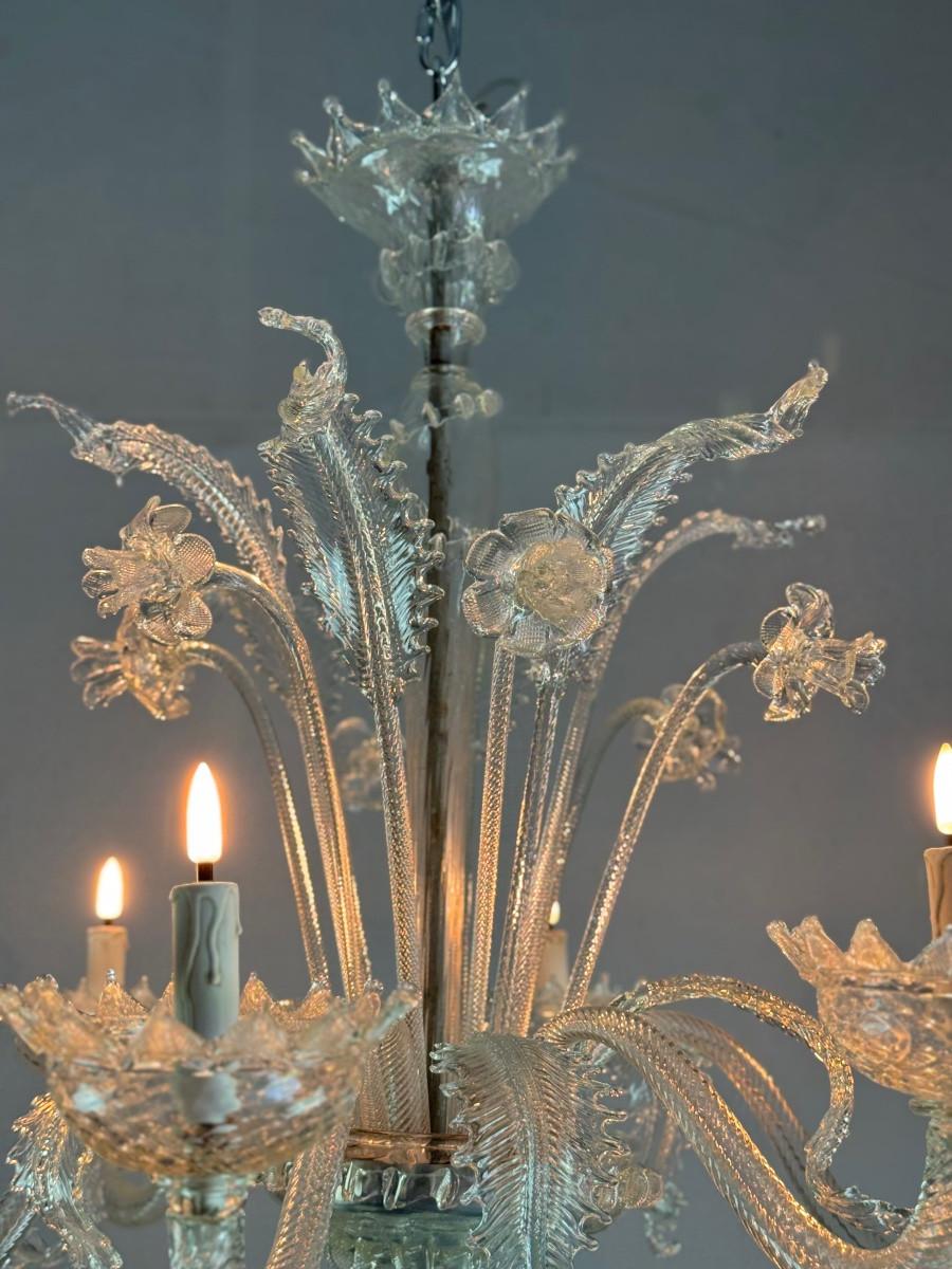 Lustre vénitien en verre de Murano incolore, 6 Lights Circa 1930 en vente 1