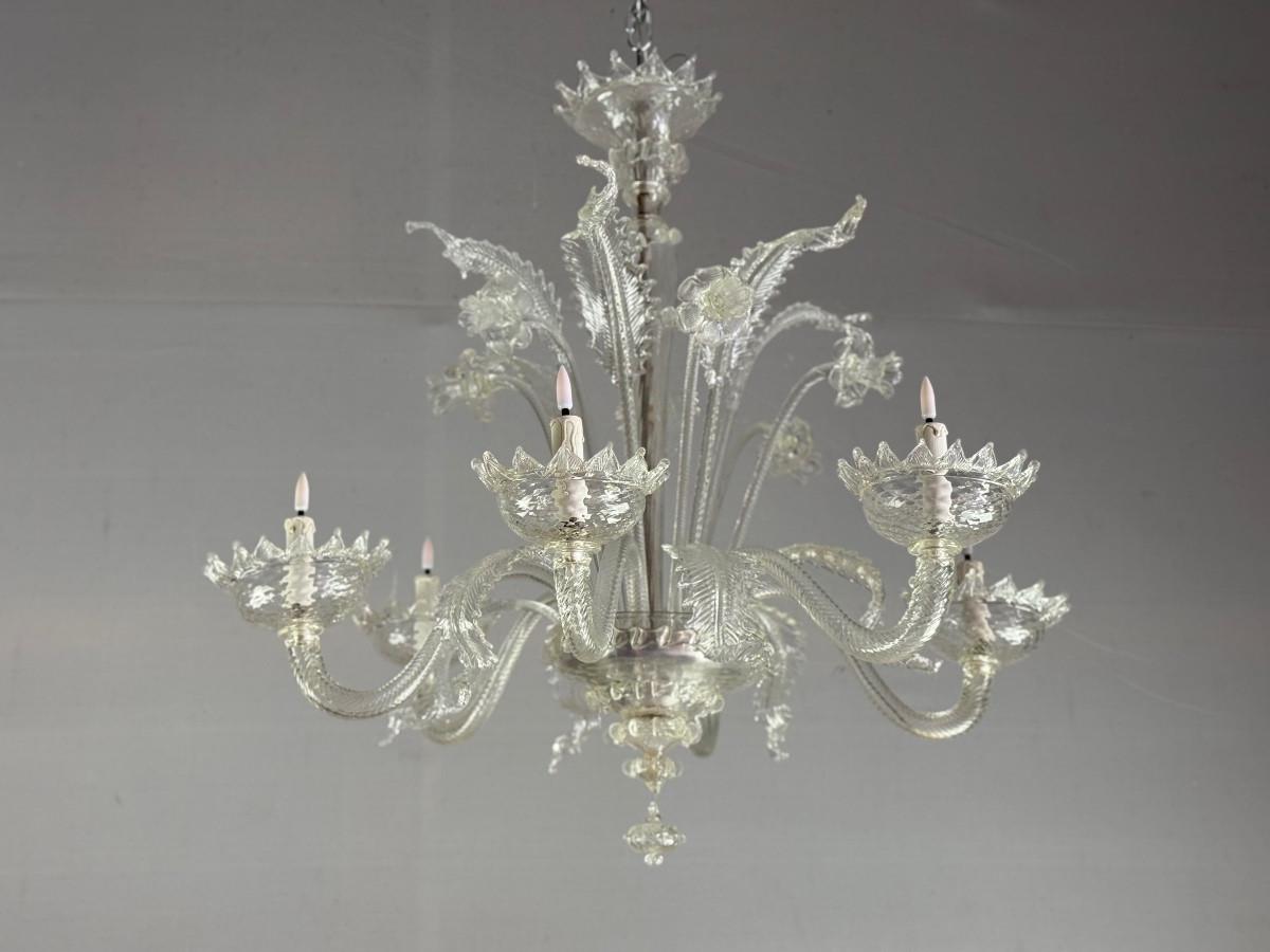 Lustre vénitien en verre de Murano incolore, 6 Lights Circa 1930 en vente 2