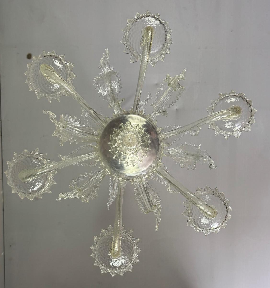 Lustre vénitien en verre de Murano incolore, 6 Lights Circa 1930 en vente 3