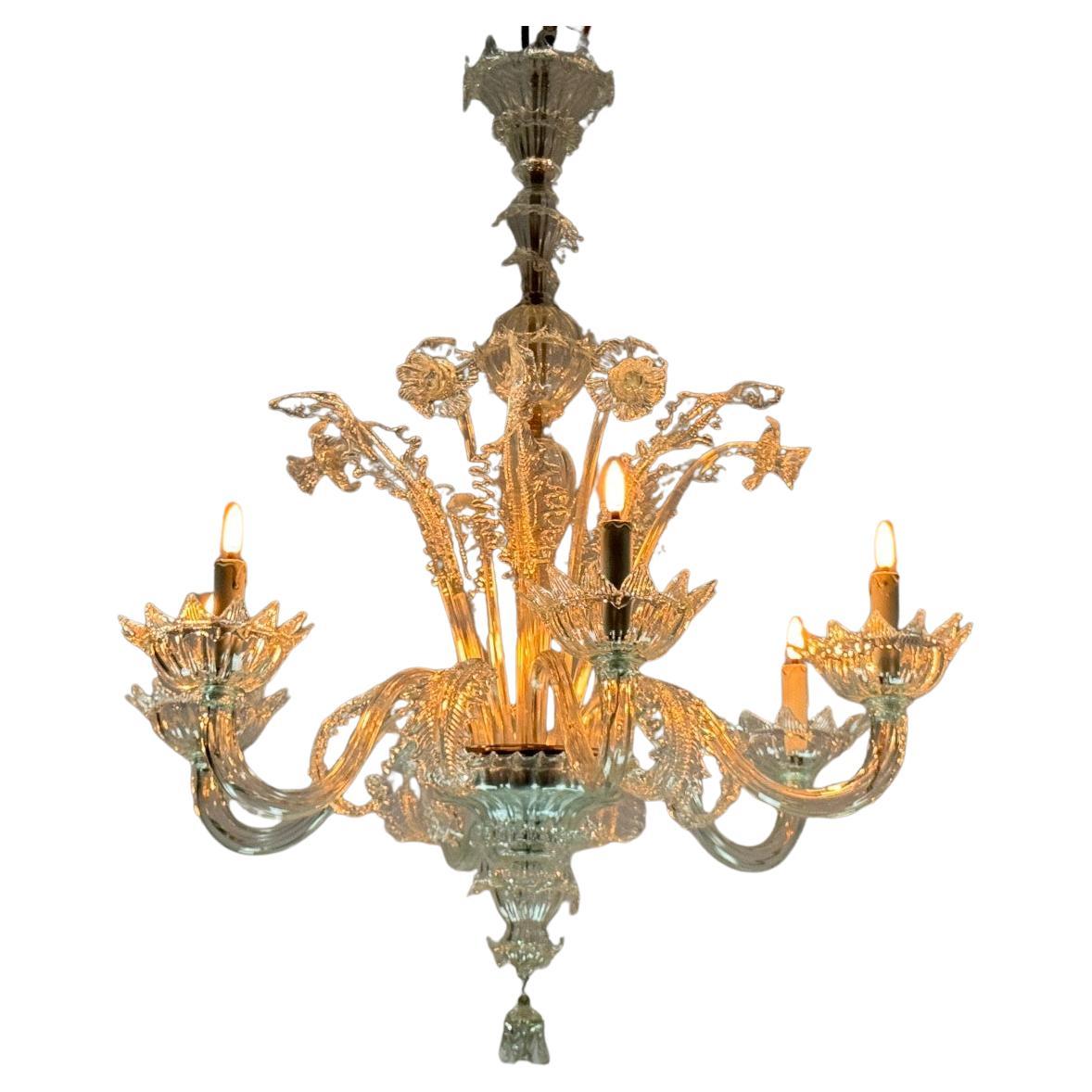 Venetian Chandelier In Colourless Murano Glass 6 Light Arms, Circa 1930