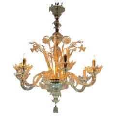 Araña Veneciana De Cristal De Murano Incoloro 6 Brazos De Luz, Circa 1930