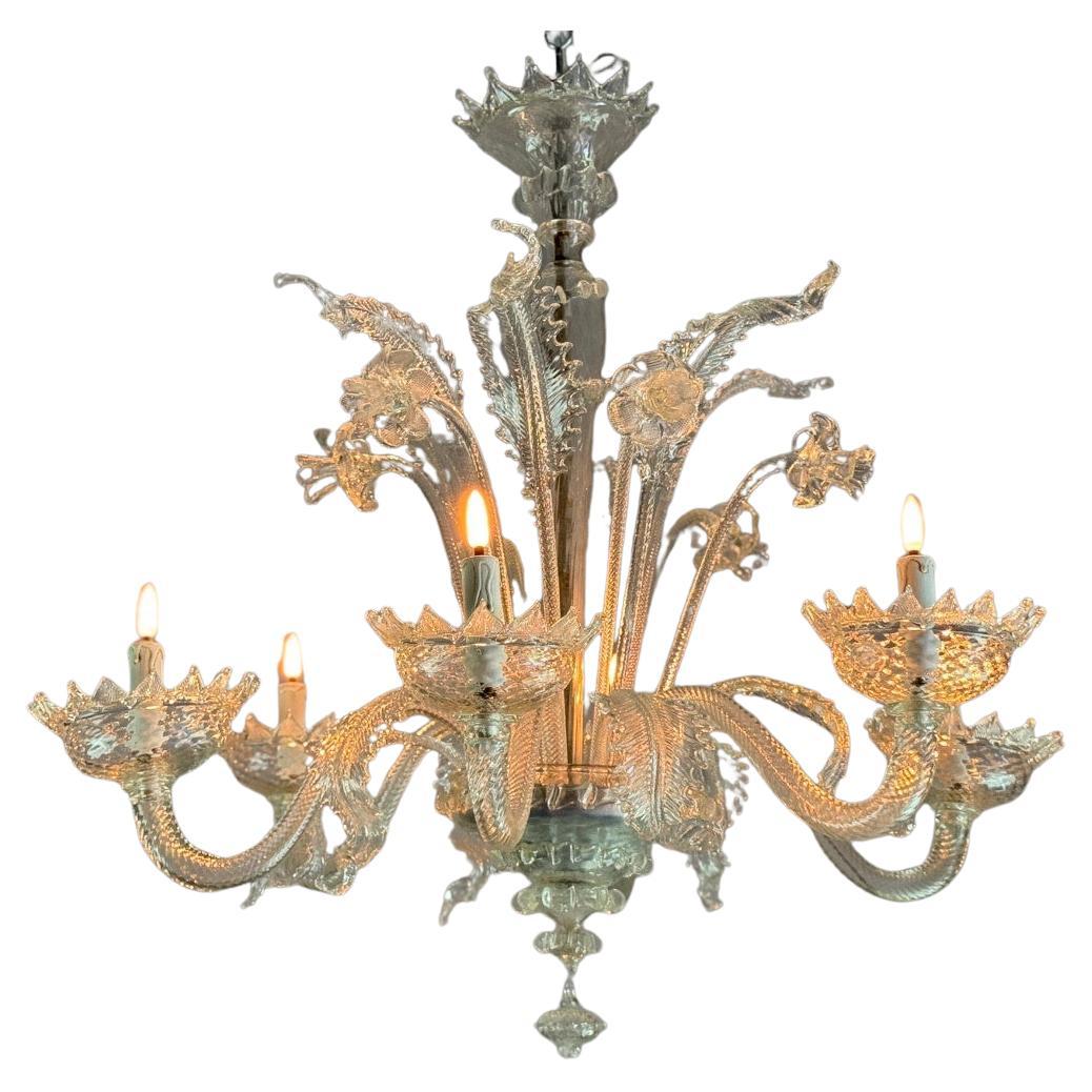Venetian Chandelier In Colourless Murano Glass, 6 Light Arms Circa 1930