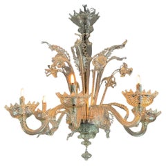 Araña Veneciana De Cristal De Murano Incoloro, 6 Brazos De Luz Circa 1930
