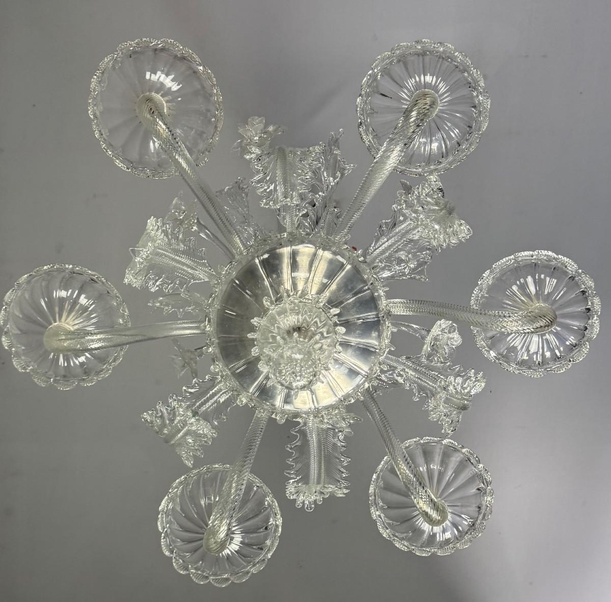 Lustre vénitien en verre de Murano incolore, 6 bras de lumière, circa 1940 en vente 4