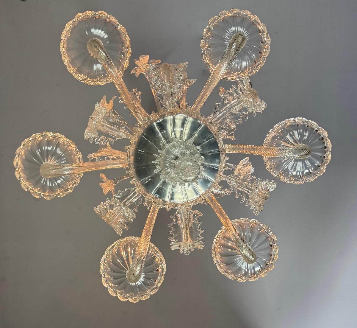 Lustre vénitien en verre de Murano incolore, 6 bras de lumière, circa 1940 en vente 5