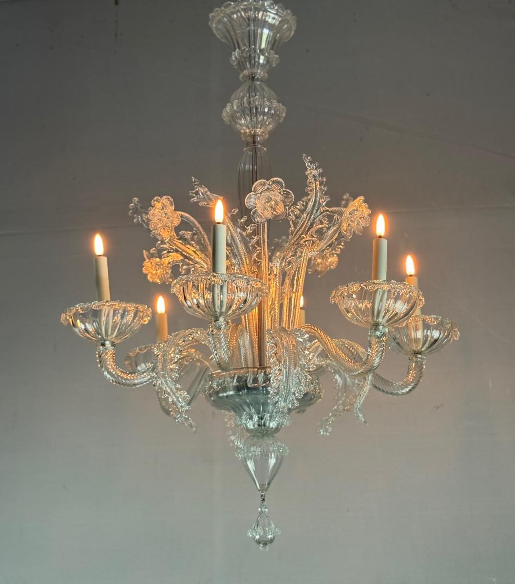 Lustre vénitien en verre de Murano incolore, 6 bras de lumière, circa 1940 en vente 6