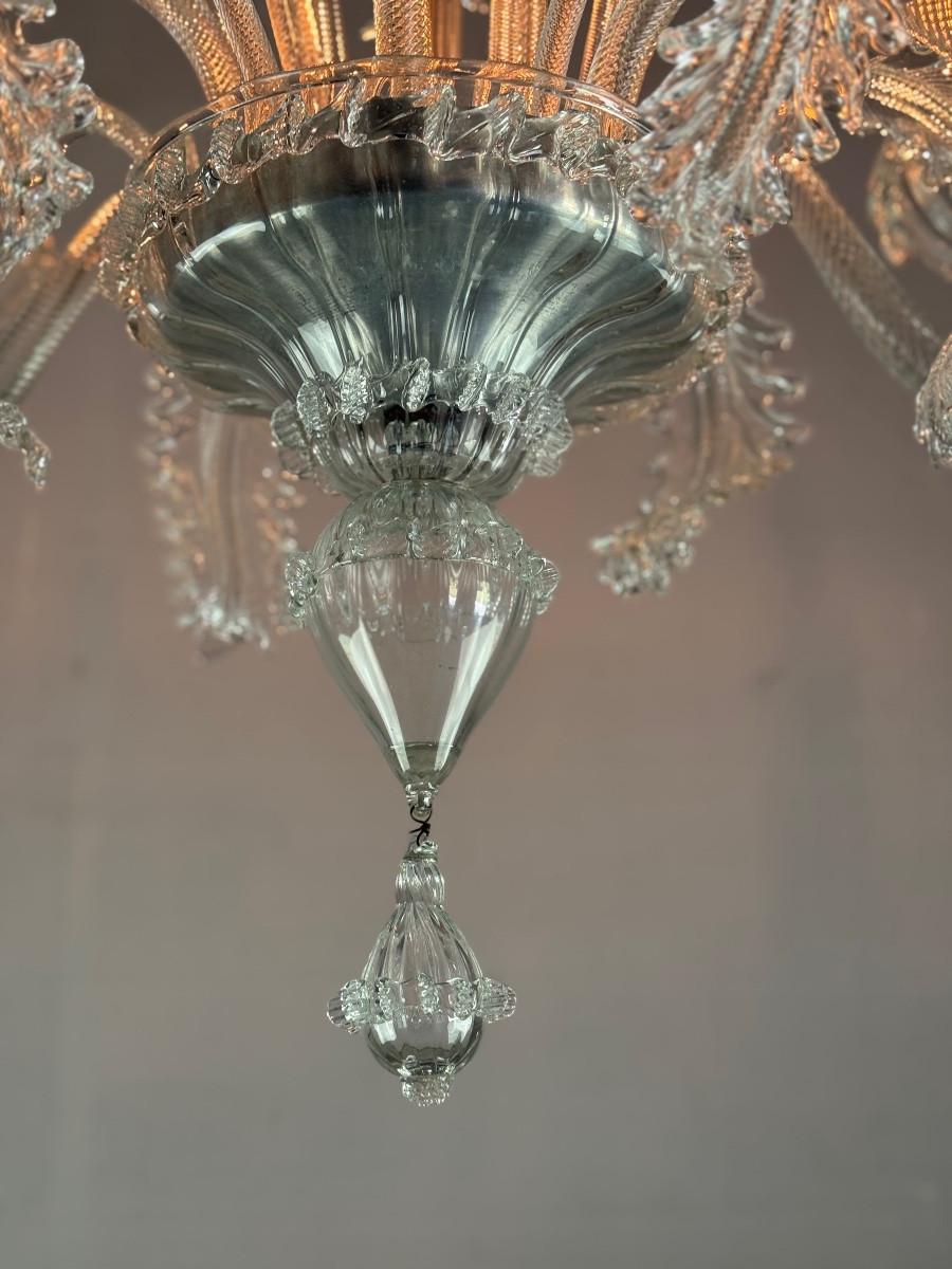 Art déco Lustre vénitien en verre de Murano incolore, 6 bras de lumière, circa 1940 en vente