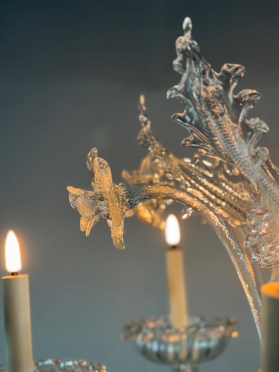 20ième siècle Lustre vénitien en verre de Murano incolore, 6 bras de lumière, circa 1940 en vente