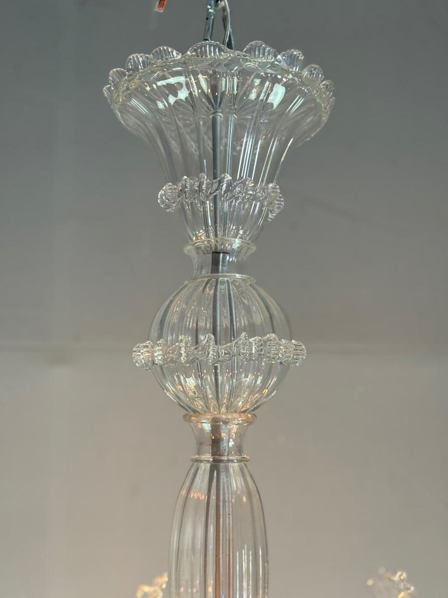 Lustre vénitien en verre de Murano incolore, 6 bras de lumière, circa 1940 en vente 1