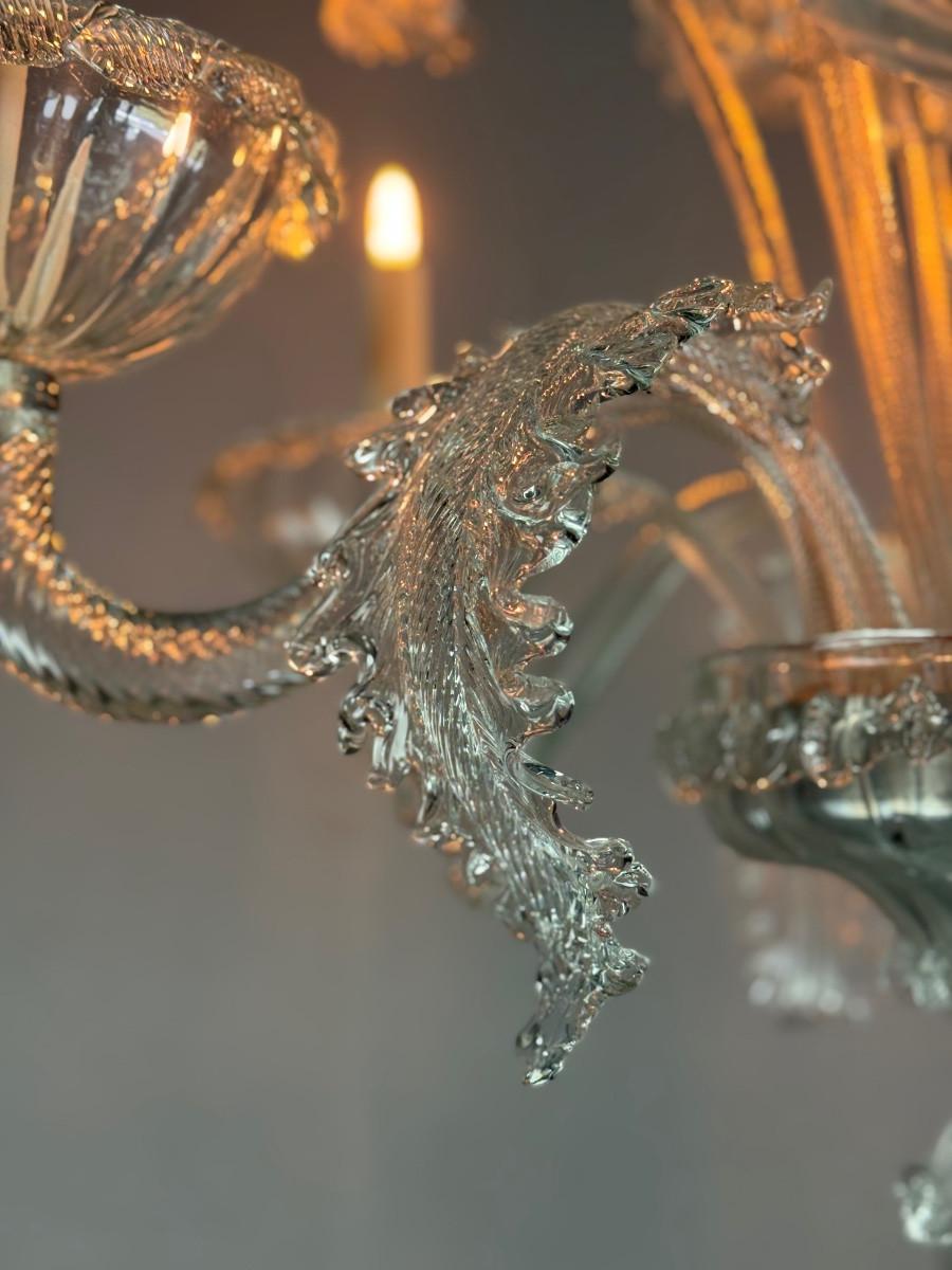 Lustre vénitien en verre de Murano incolore, 6 bras de lumière, circa 1940 en vente 2