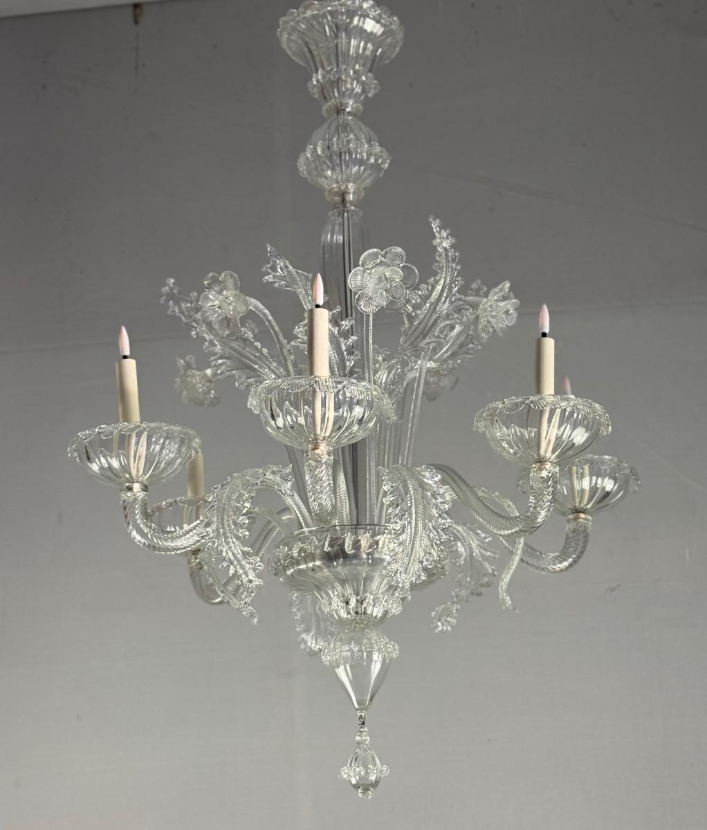 Lustre vénitien en verre de Murano incolore, 6 bras de lumière, circa 1940 en vente 3