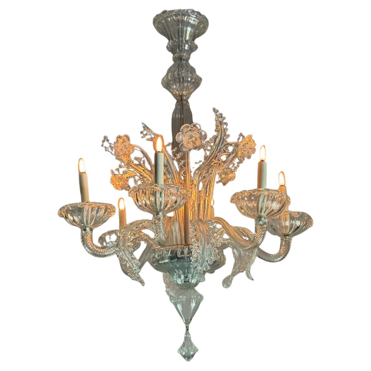 Lustre vénitien en verre de Murano incolore, 6 bras de lumière, circa 1940