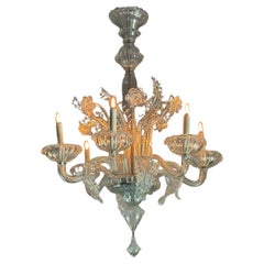 Lustre vénitien en verre de Murano incolore, 6 bras de lumière, circa 1940