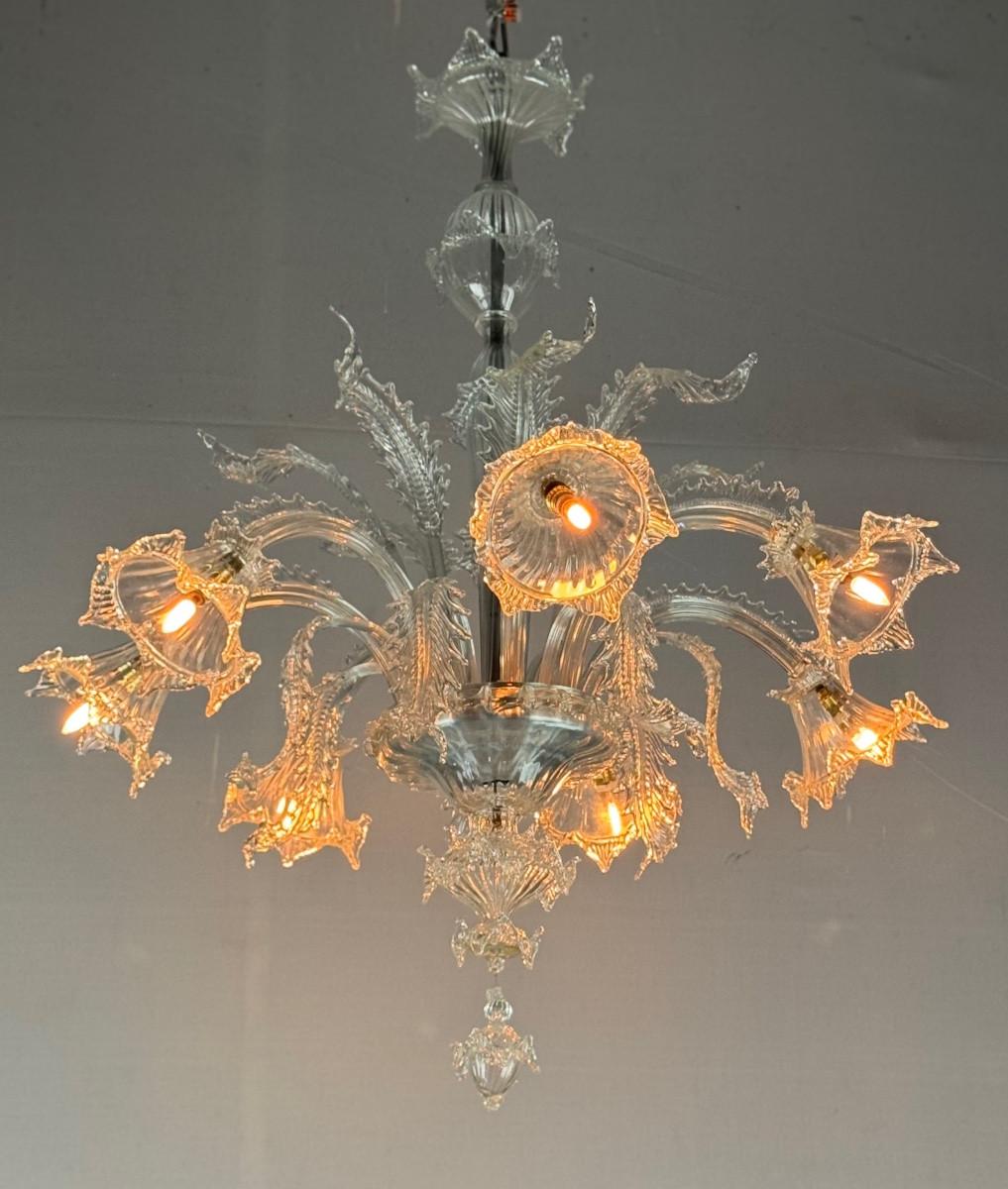 Art Deco Venetian chandelier in colourless Murano glass, 7 light arms, circa 1930 For Sale