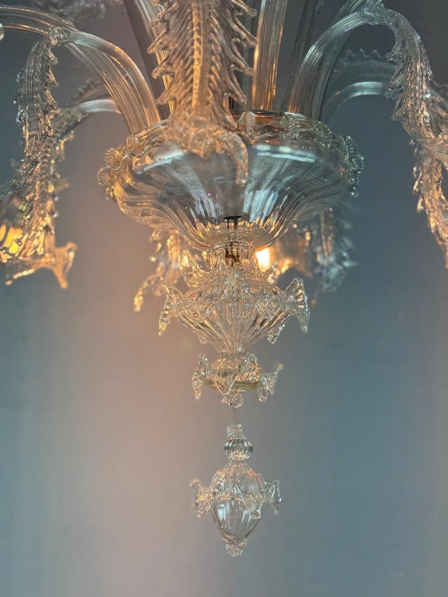 Venetian chandelier in colourless Murano glass, 7 light arms, circa 1930 In Good Condition For Sale In Honnelles, WHT