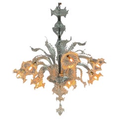 Lampadario veneziano in vetro di Murano incolore, 7 bracci luminosi, circa 1930